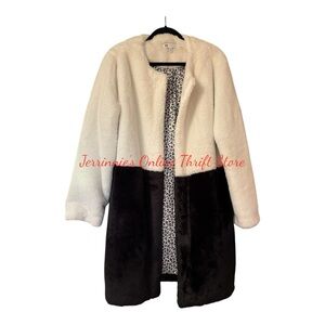 Fever Black & White Faux Fur Cheetah Satin Lined Jacket Coat